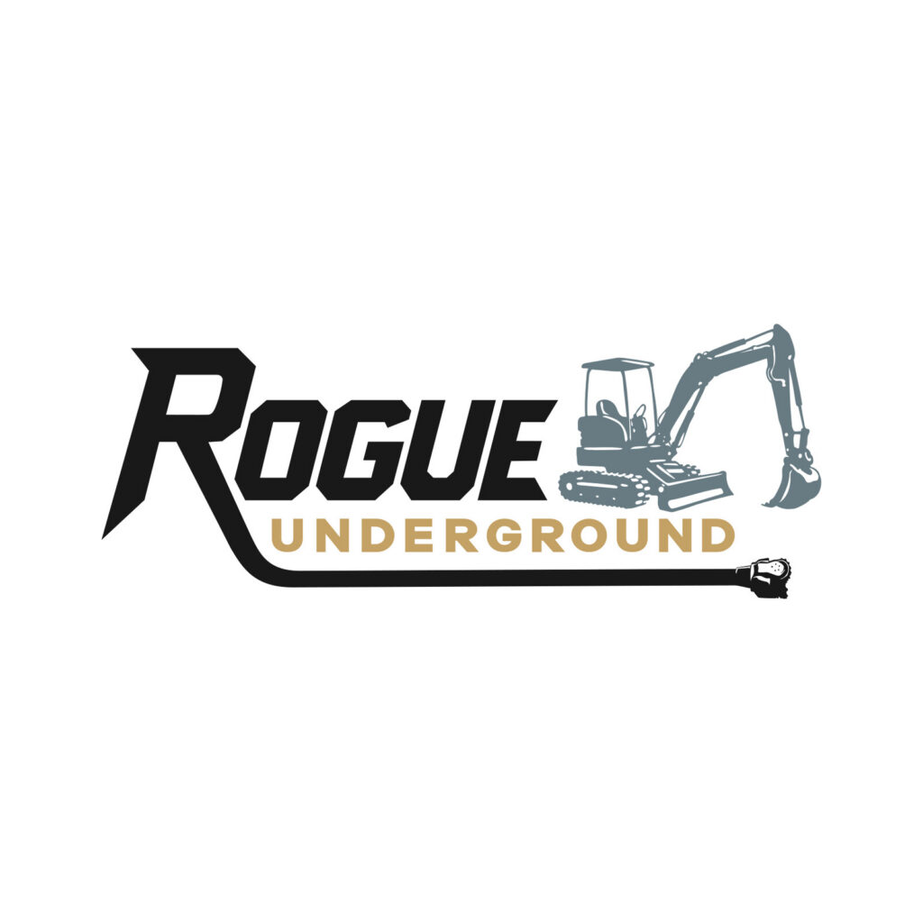 Rogue Underground logo: bold black lettering beside an excavator, with a drill line running under the word Underground