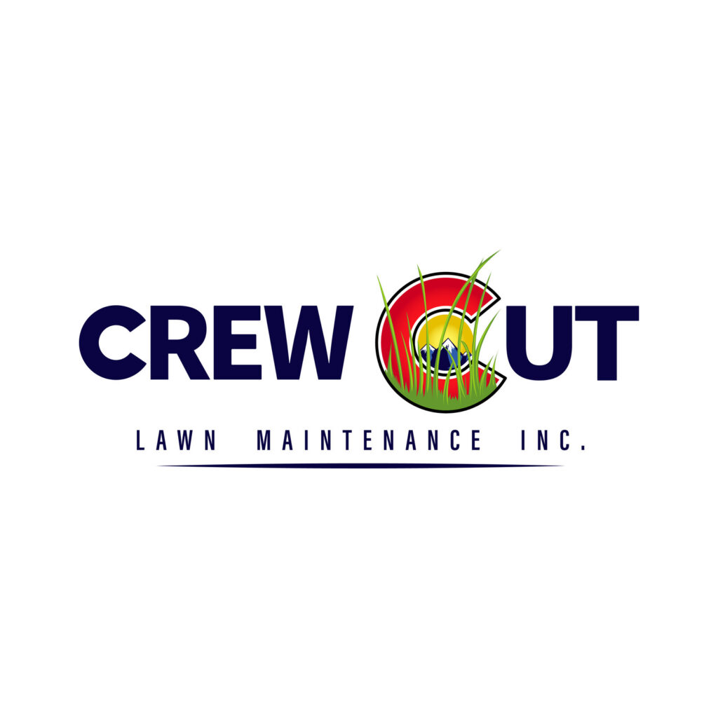 Crew Cut Lawn Maintenance logo in navy, with the C of Cut drawn as a sun, mountains and grass