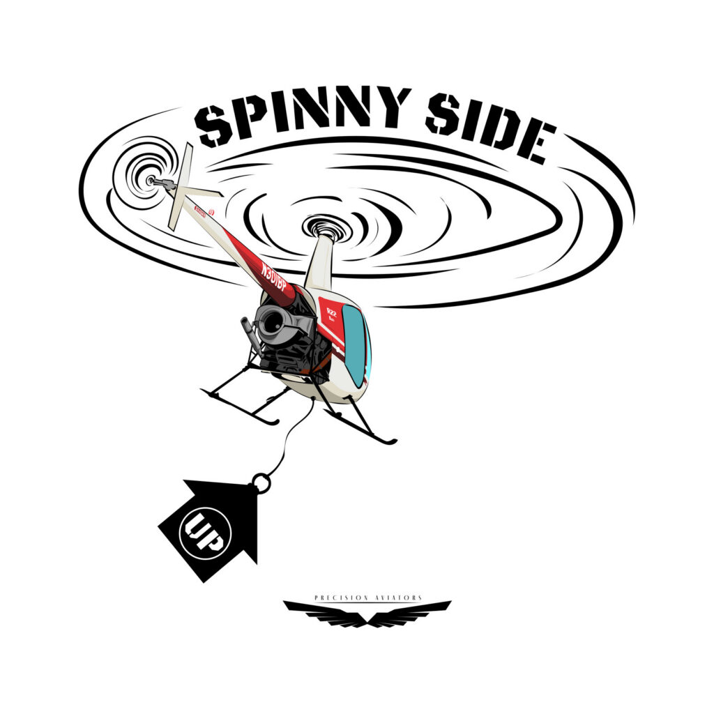 Spinny Side Up illustration for Precision Aviators: a helicopter in a spiral of rotor wash, towing an Up sign