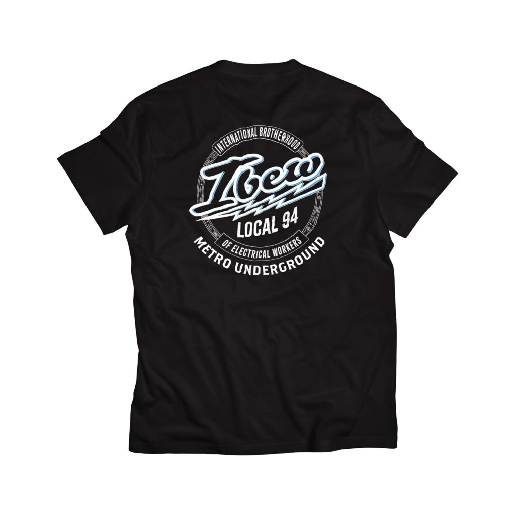 IBEW Local 94 Metro Underground shirt design: a round badge with script lettering, on a black tee