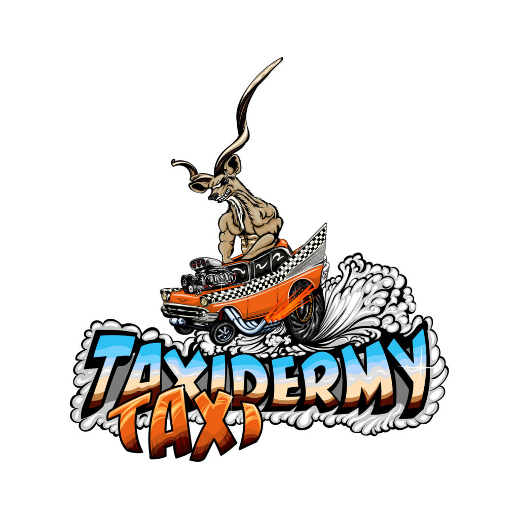 Taxidermy Taxi logo: a kudu riding an orange hot rod taxi above graffiti-style lettering