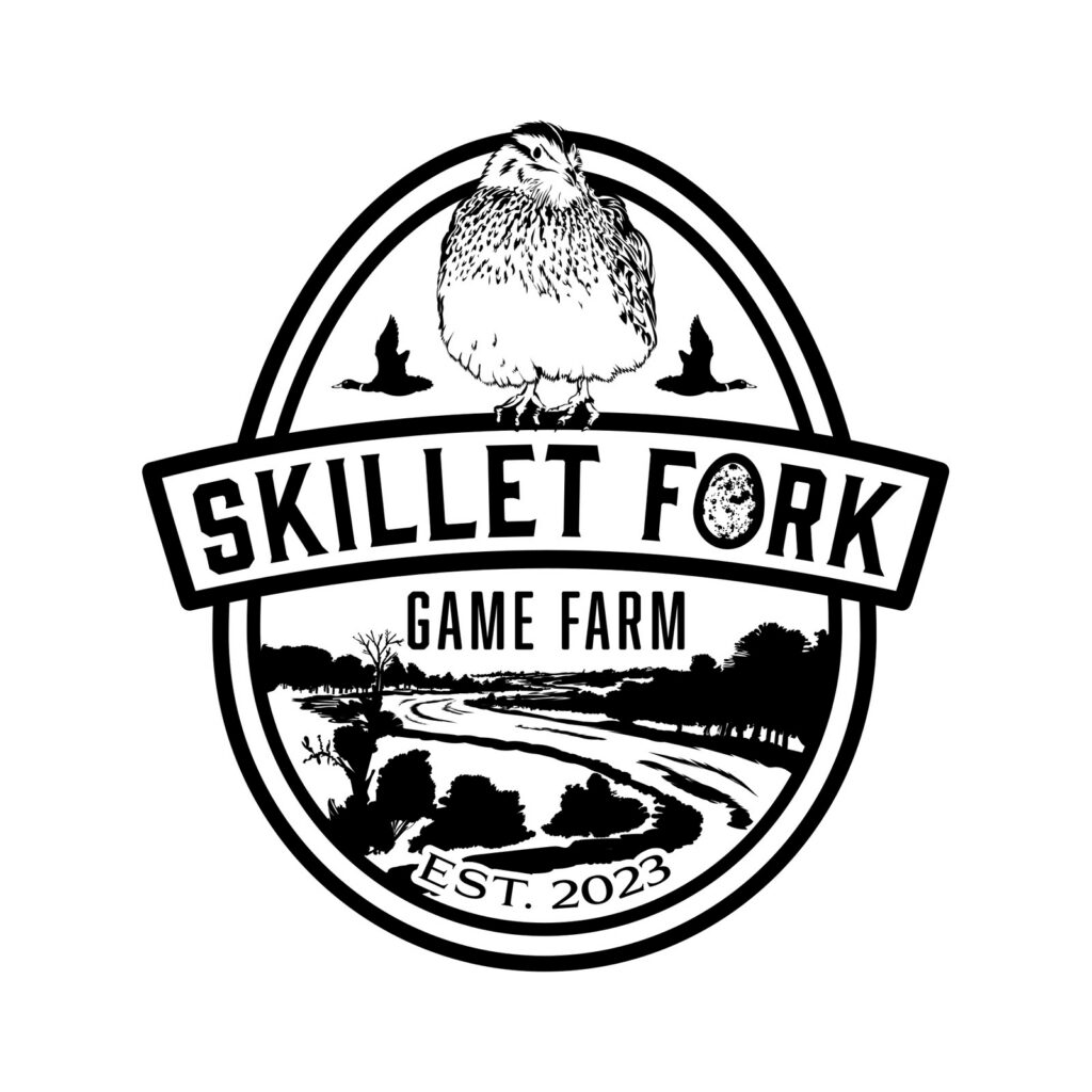 Skillet Fork Game Farm badge logo with a quail, flying birds and a river landscape, est. 2023