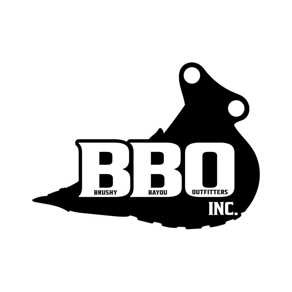 Brushy Bayou Outfitters logo: BBO lettering inside the silhouette of an excavator bucket