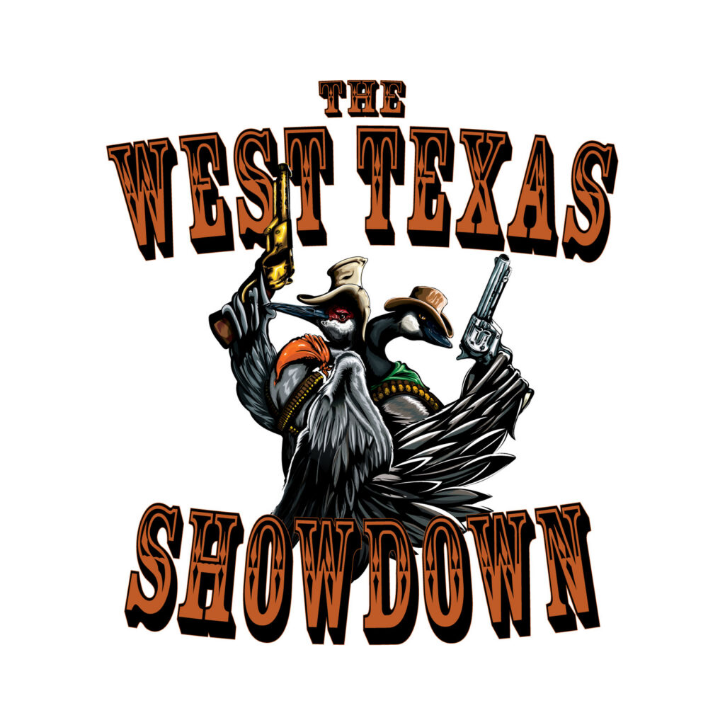 West Texas Showdown illustration for Dust Devil Outfitters: a crane and a goose in cowboy hats, back to back with revolvers drawn