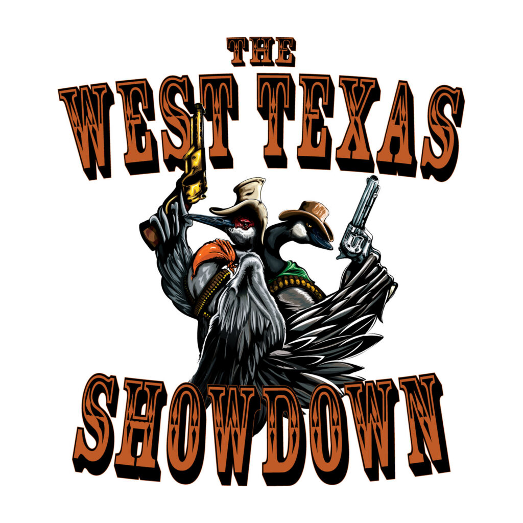The finished West Texas Showdown design: the crane and goose gunslingers under Old West lettering
