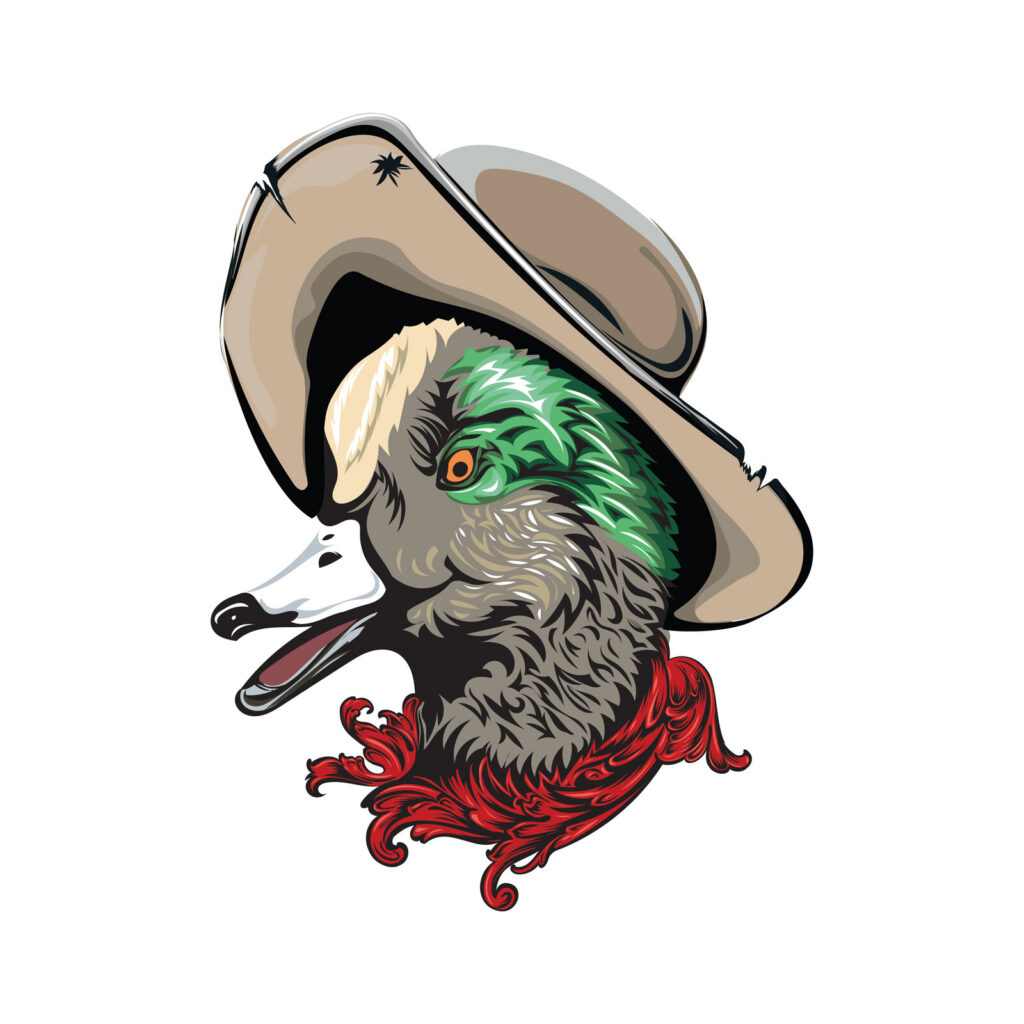 Western Skies Outfitters Trail Boss illustration: a mallard in a cowboy hat and red bandana