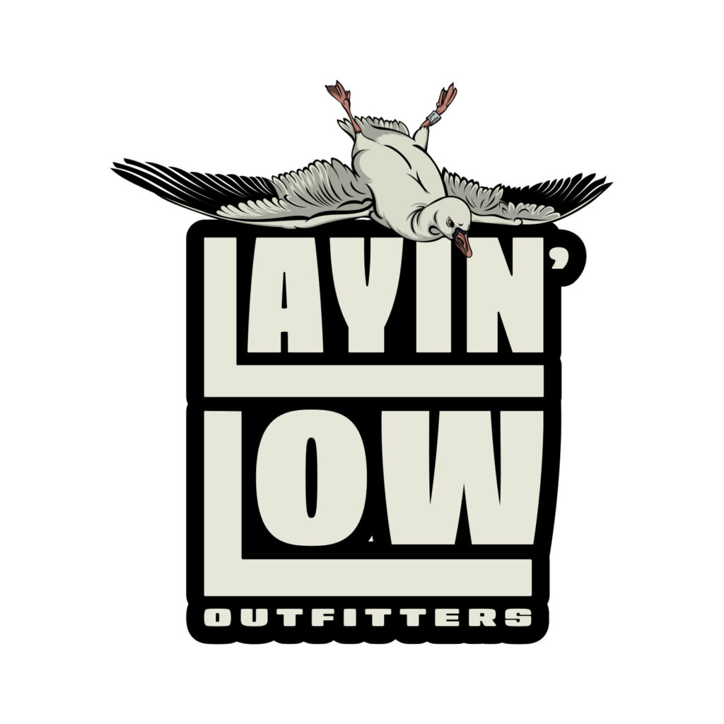 Layin' Low Outfitters stacked logo with a snow goose above custom lettering