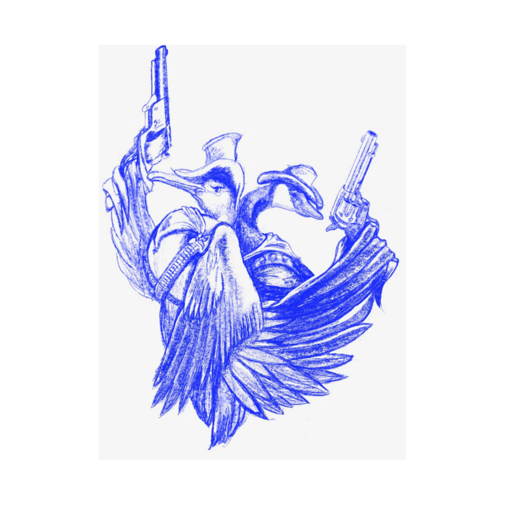 The original pencil sketch of the crane and goose back to back with revolvers