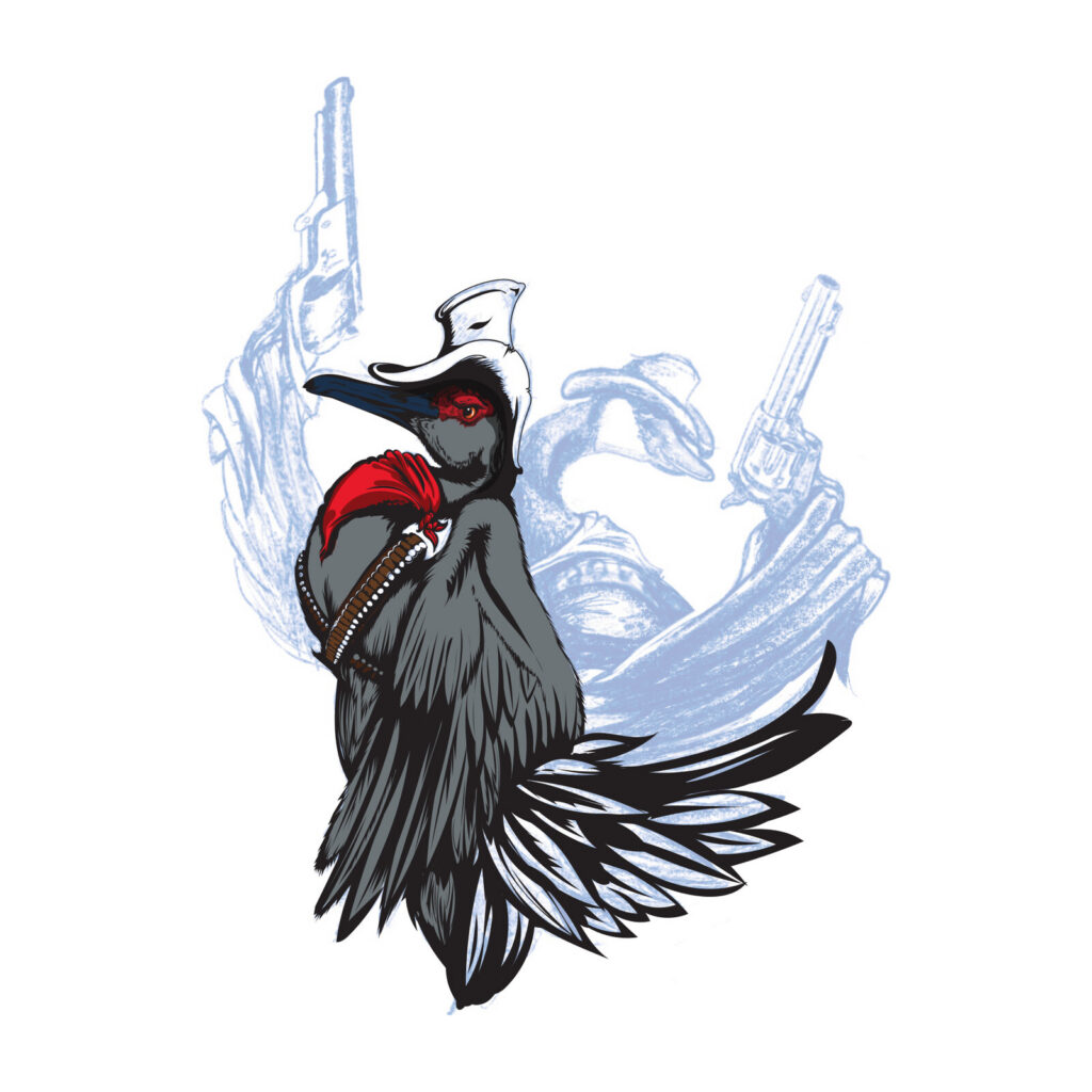 Work in progress: the crane inked and shaded over the faded sketch, with the goose still in pencil