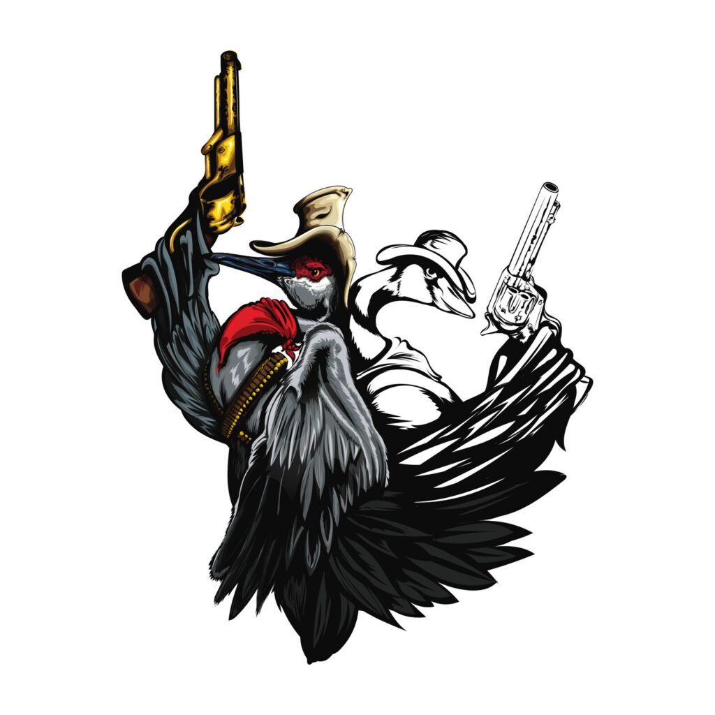 Work in progress: the crane finished in color, with the goose drawn in line art
