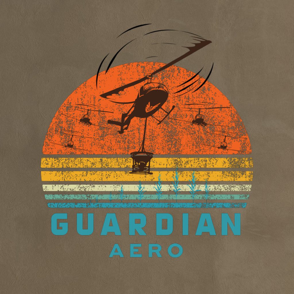 The Guardian Aero sunset design: a helicopter with a bucket slung below it over rows of crops, an orange sun, distressed stripes and Guardian Aero in blue