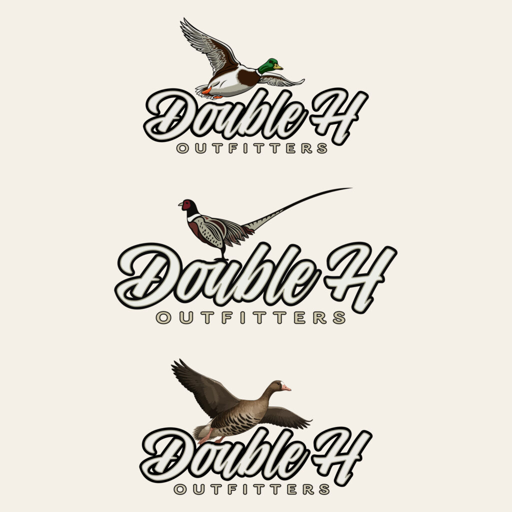 Three versions of the Double H Outfitters script logo, topped with a flying mallard, a pheasant and a flying specklebelly goose