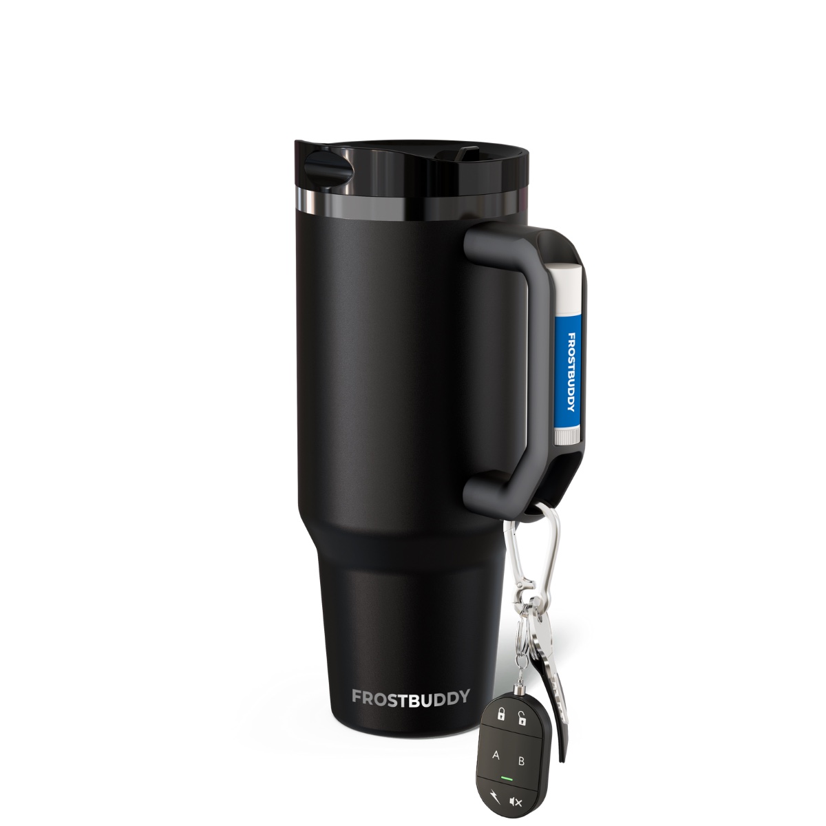 Black Frost Buddy Thicc Buddy insulated mug with a handle and lid, with keys hanging from the key ring on its handle