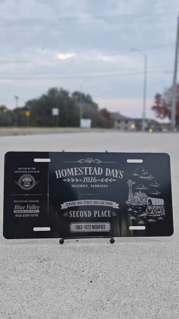 Black license-plate award engraved for Homestead Days 2026, Second Place, 1963–1972 Modified