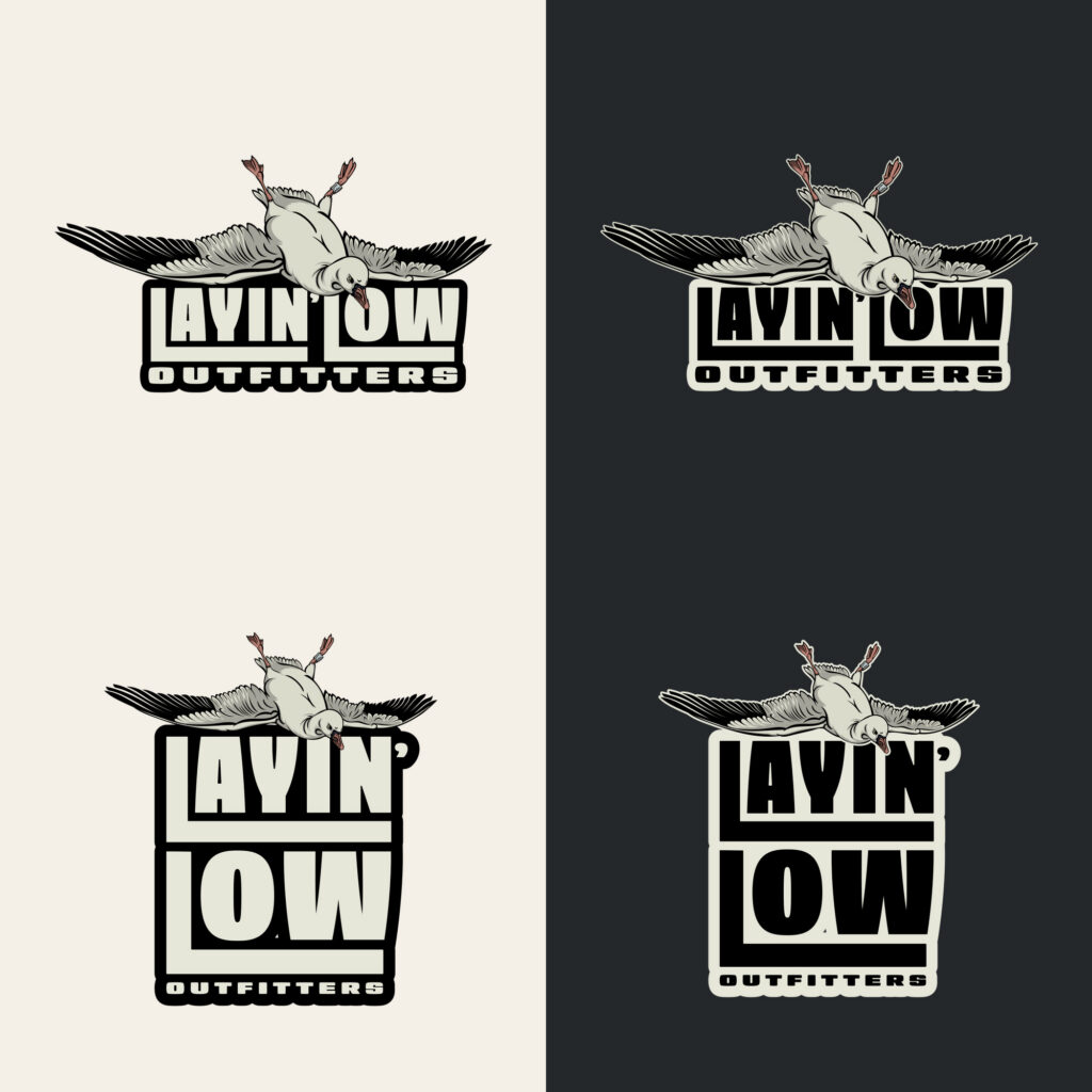 The Layin' Low Outfitters logo in four versions: wide and stacked, each on a light and a dark background