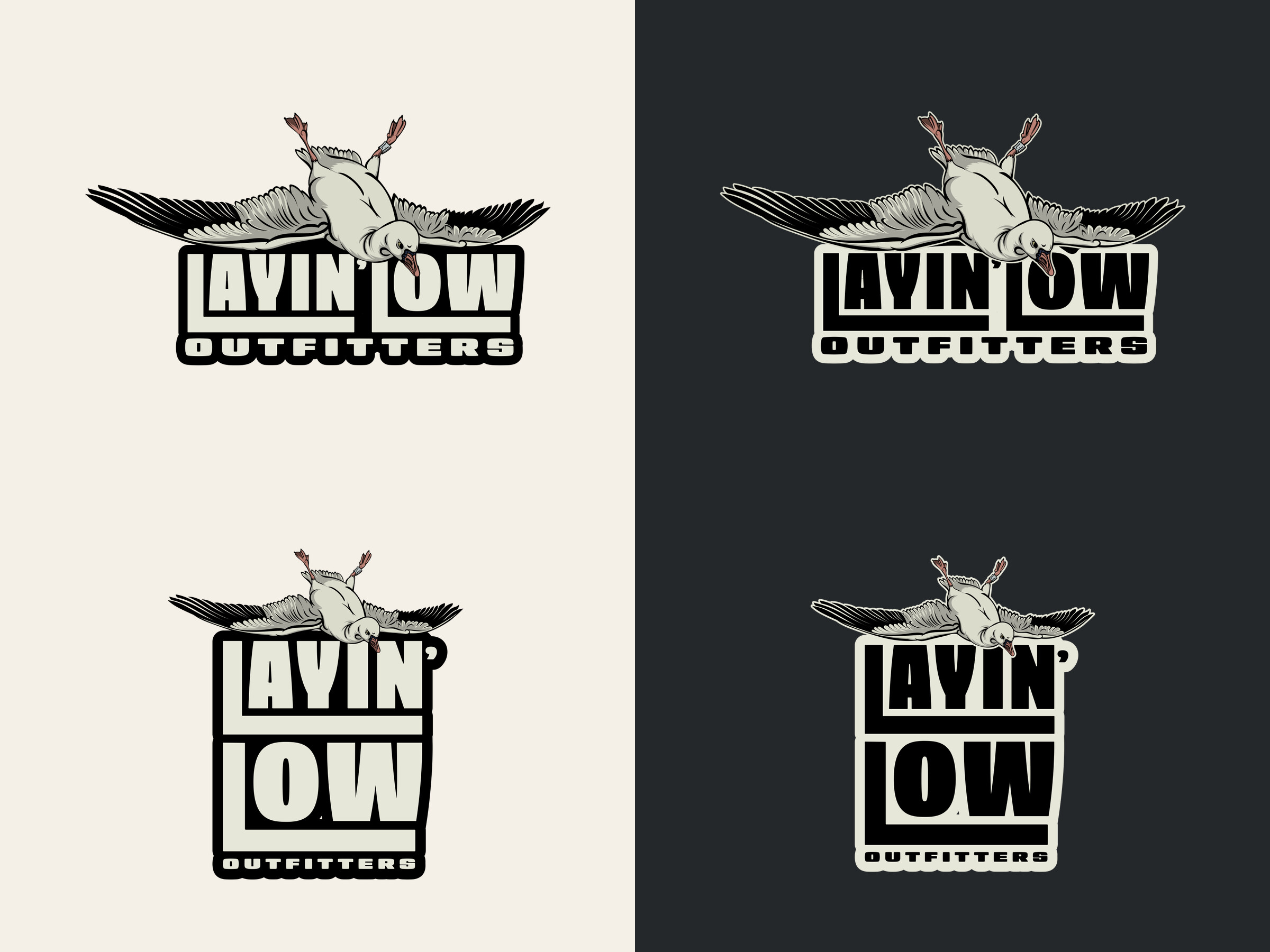 The Layin' Low Outfitters logo in four versions: wide and stacked, each on a light and a dark background