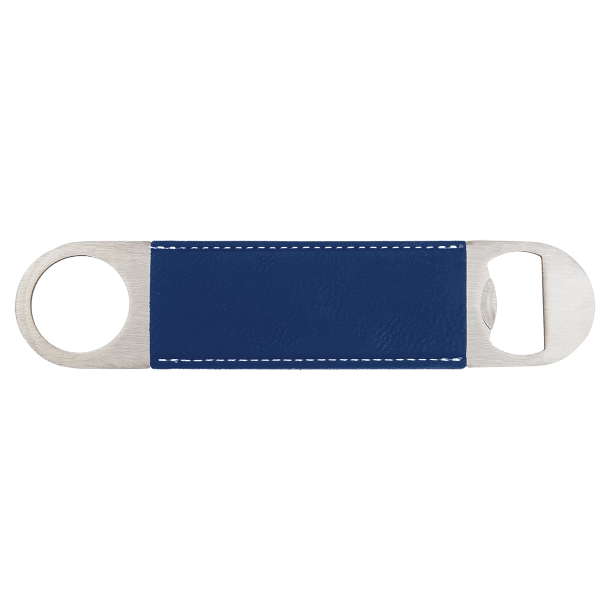 Metal bar bottle opener with a blue leatherette wrap