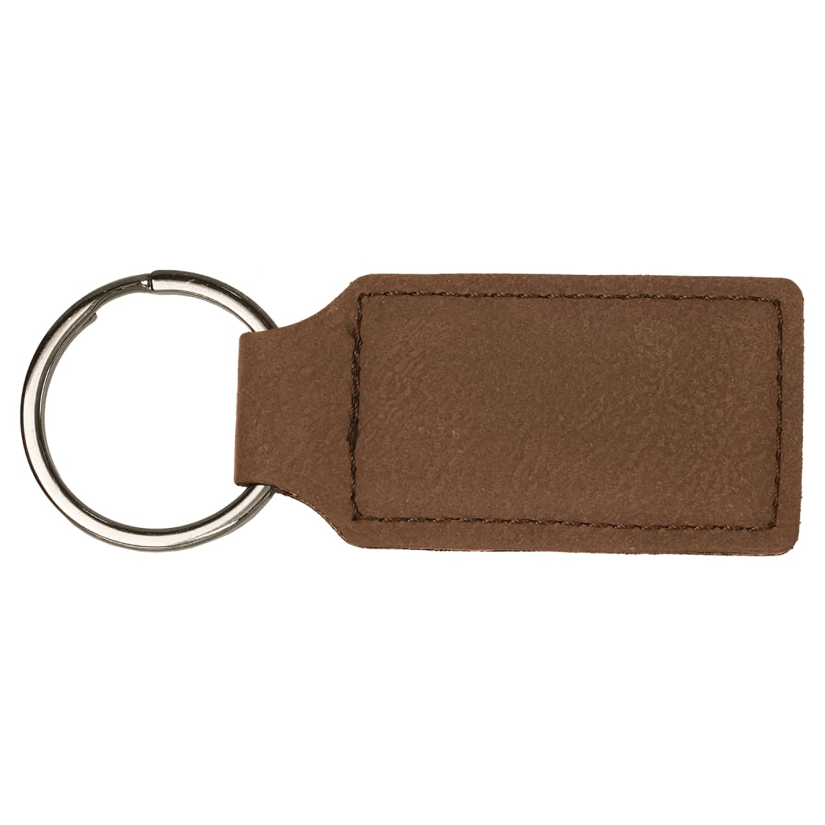 Rectangular dark brown leatherette keychain on a split key ring