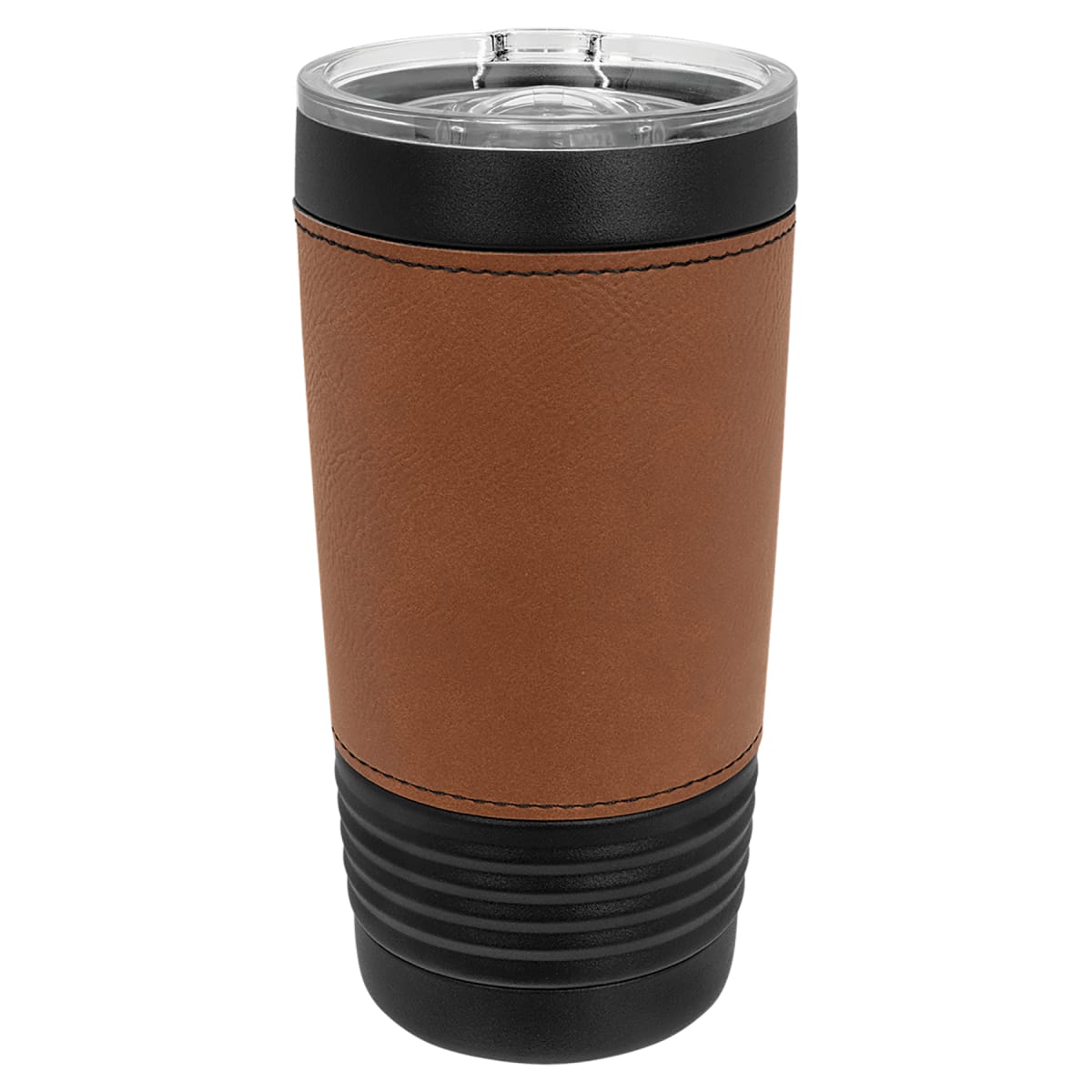 20 oz insulated tumbler in black with a rawhide-brown leatherette wrap and a clear slider lid