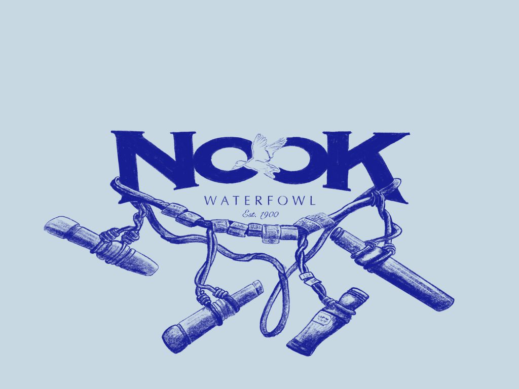 The Nook Waterfowl logo in blue: bold Nook lettering with a duck in flight, above a lanyard of waterfowl calls