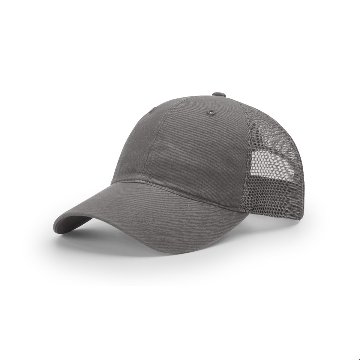 Richardson 111 garment-washed trucker cap in charcoal with a relaxed, unstructured front and a mesh back