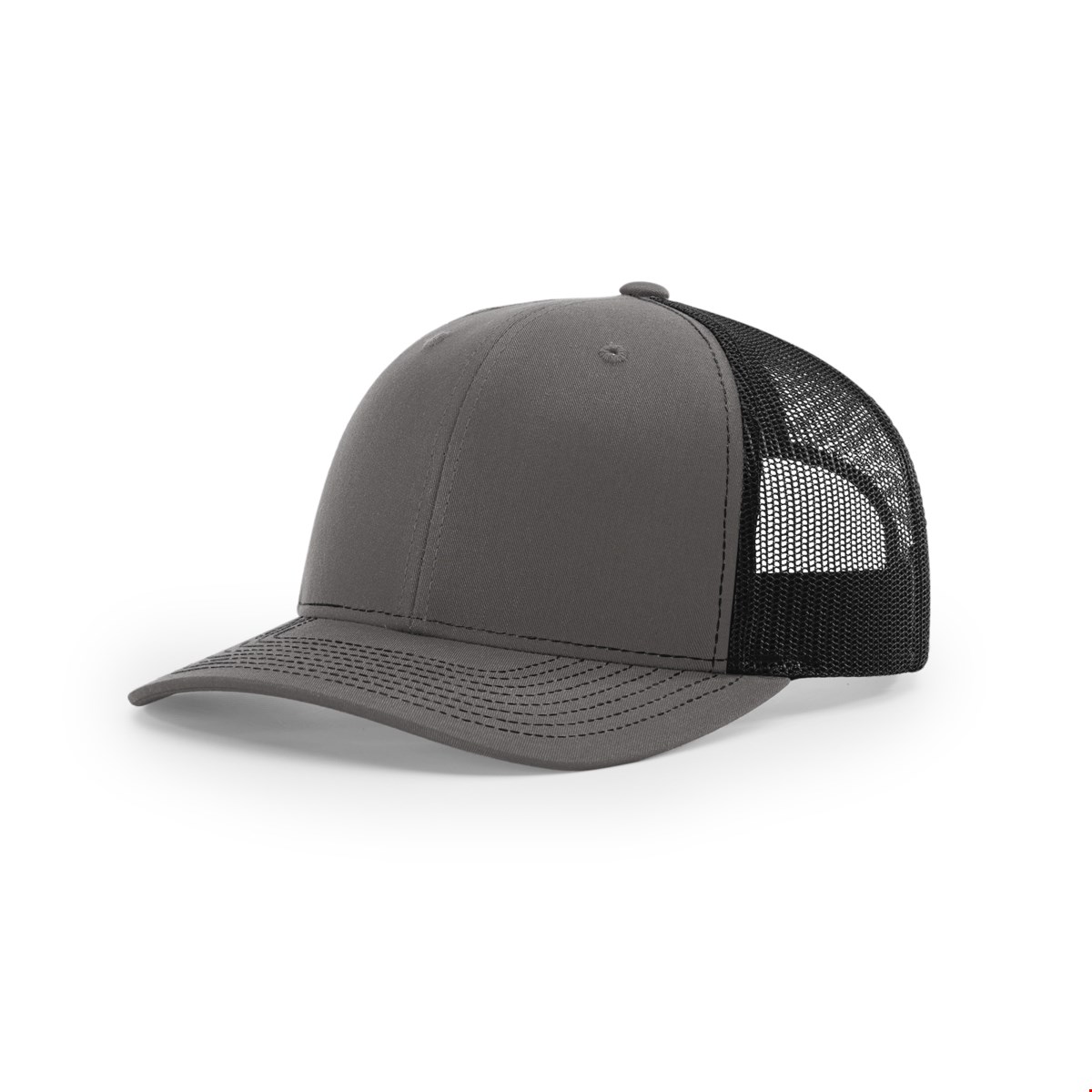 Richardson 112 trucker cap in charcoal with a precurved bill and a black mesh back