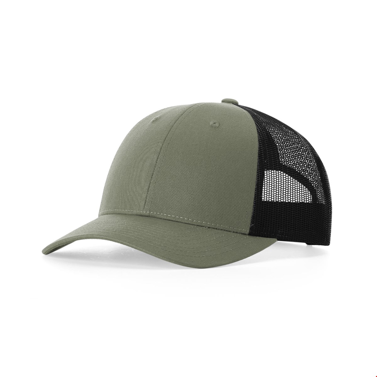 Richardson 115 low-profile trucker cap in loden green with a precurved bill and a black mesh back