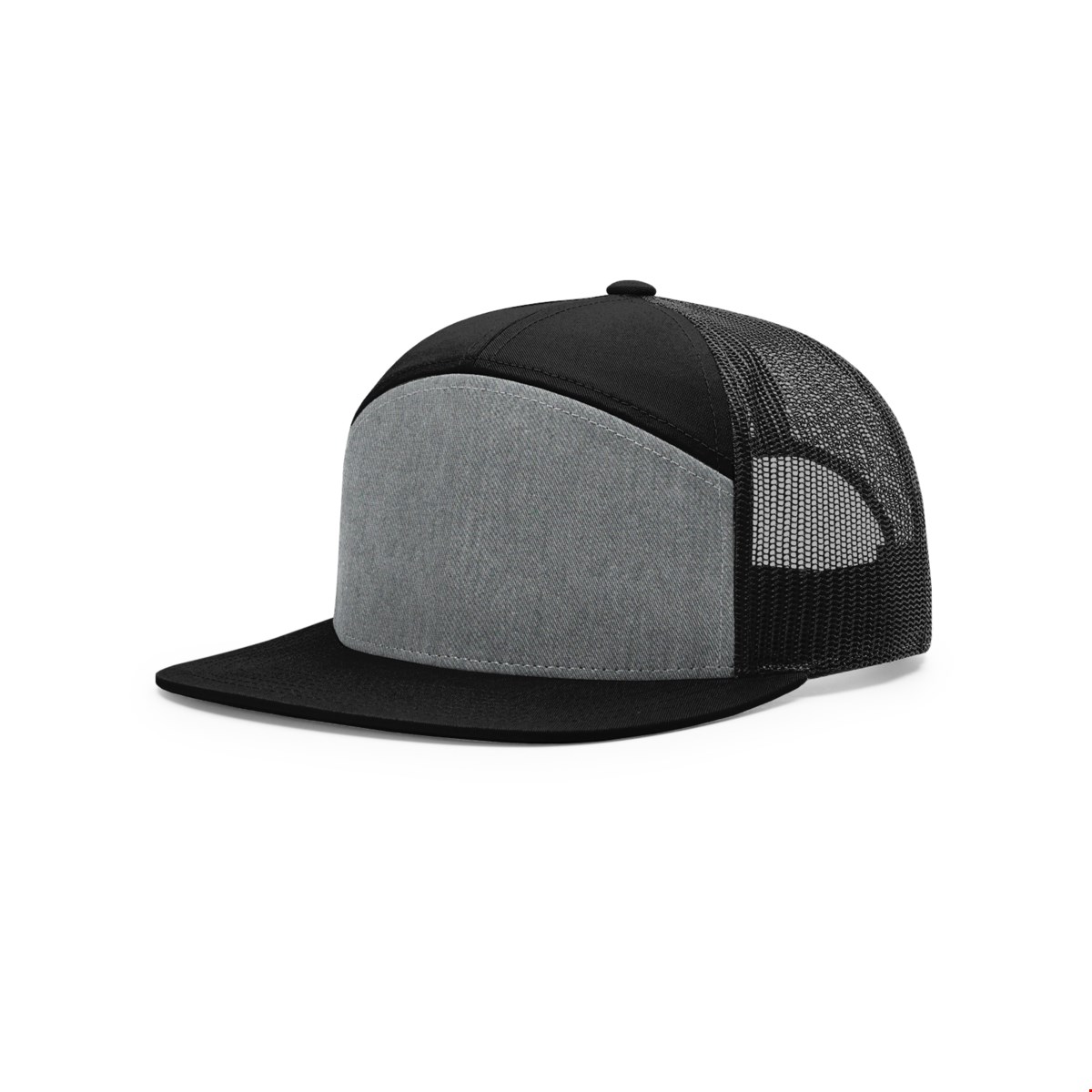 Richardson 168 seven-panel trucker cap with a heather grey front, a black flat bill and a black mesh back