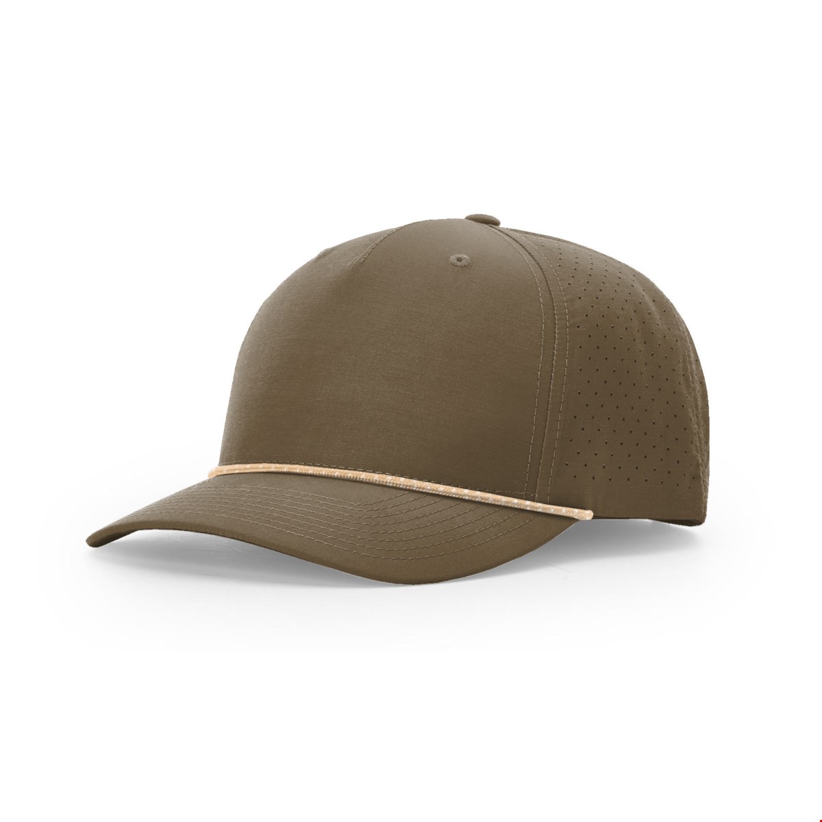 Richardson 355 performance rope cap in dark loden brown with a precurved bill, a tan rope and laser-perforated side panels