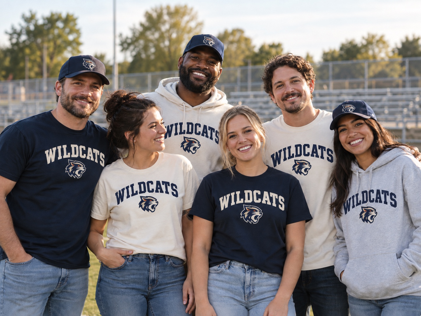A group in matching navy, cream and grey Wildcats T-shirts, hoodies and caps by the bleachers at a sports field