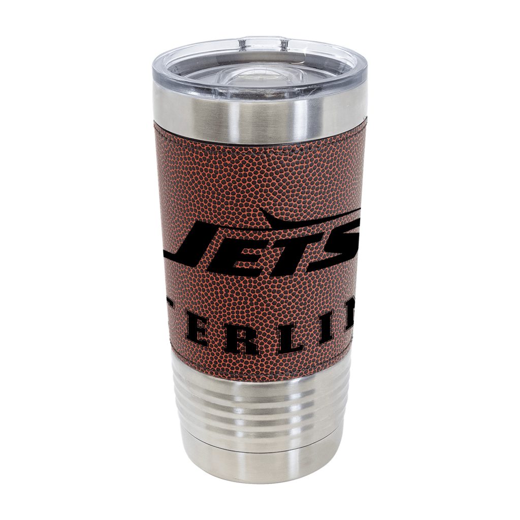 Product mockup: Jets 20 oz tumbler with a football-texture wrap