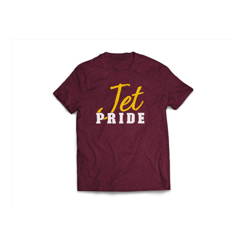 Product mockup: Jet Pride T-shirt in maroon
