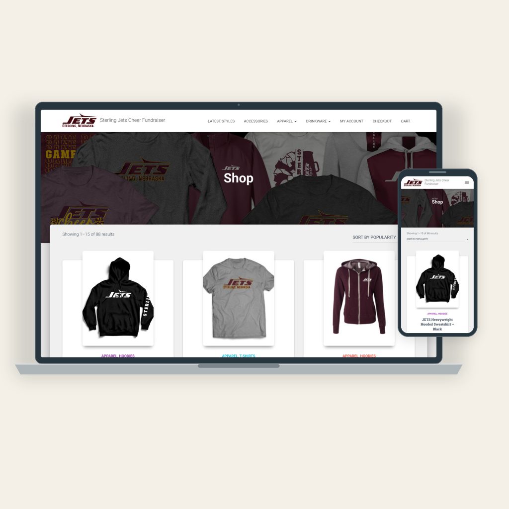 Sterling Jets Cheer store overview on a laptop and phone