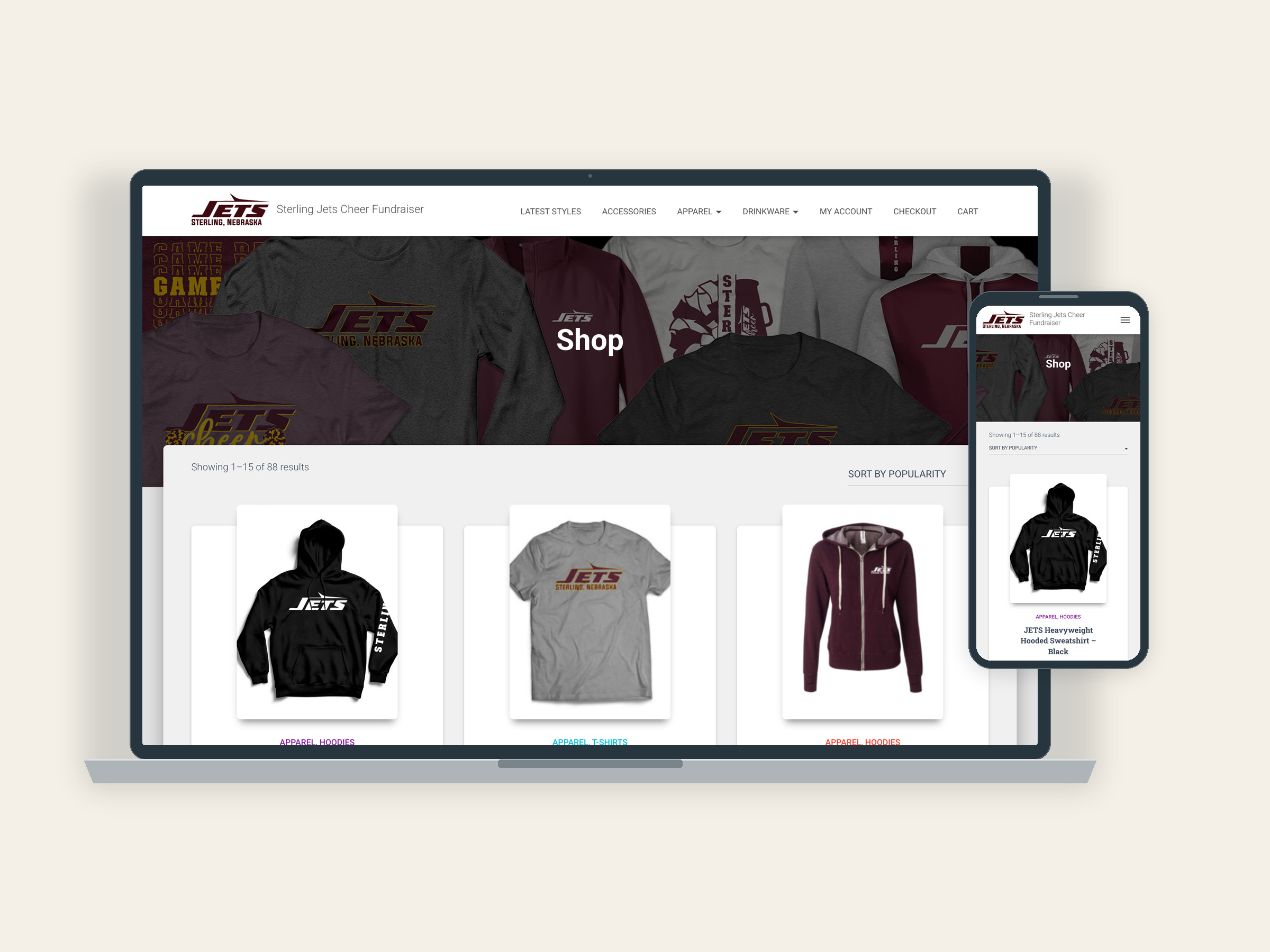 Sterling Jets Cheer store overview on a laptop and phone