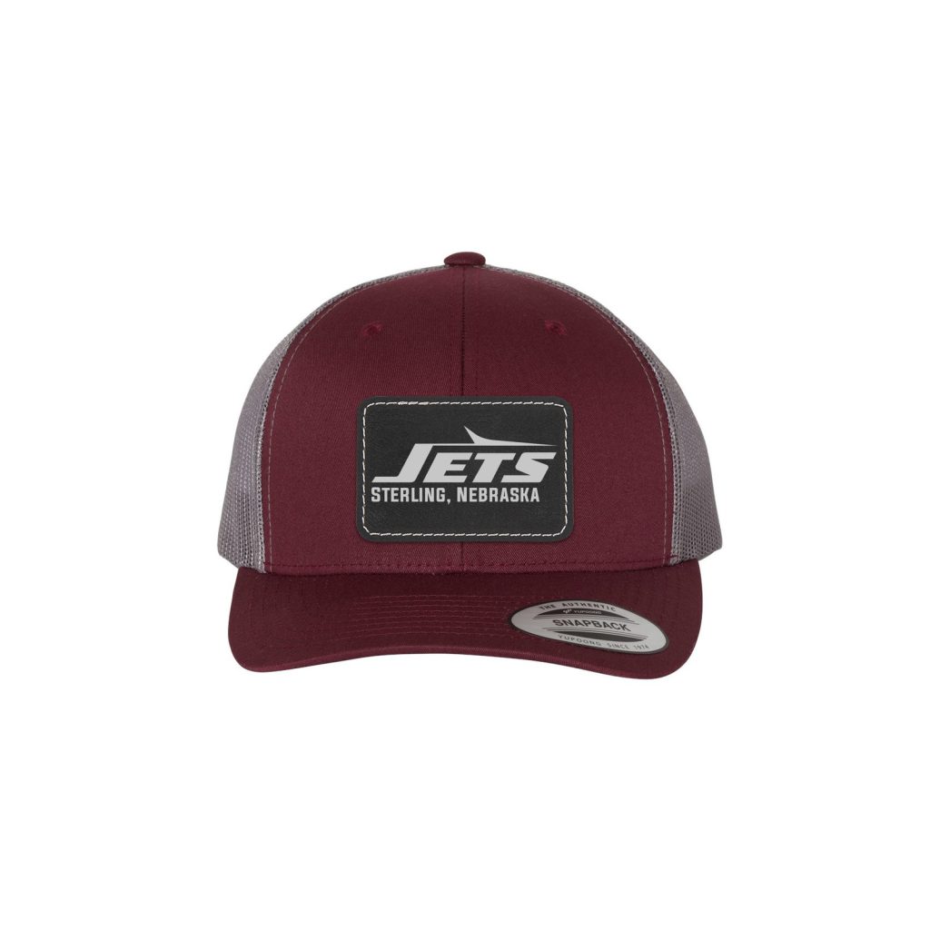 Product mockup: Jets retro trucker cap in maroon and grey with a Jets patch