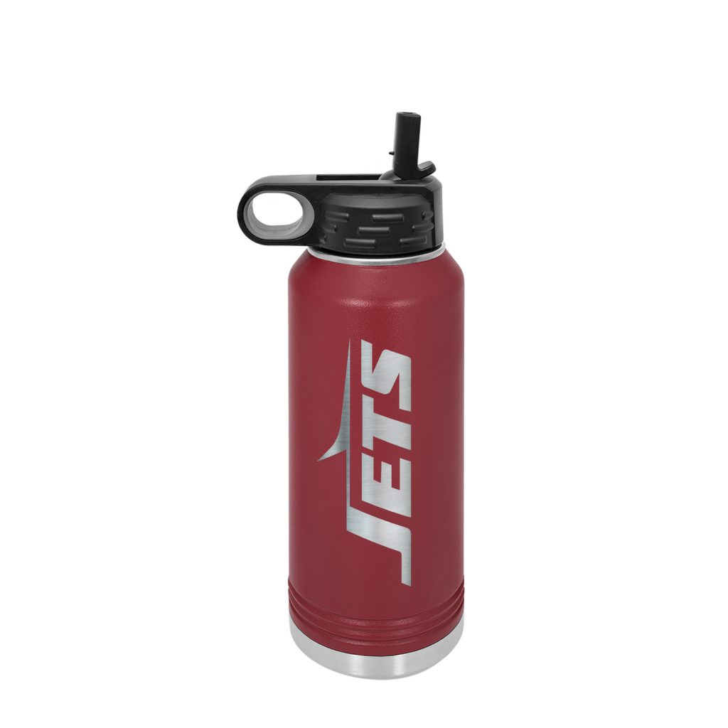 Product mockup: Jets 32 oz water bottle in maroon, laser engraved