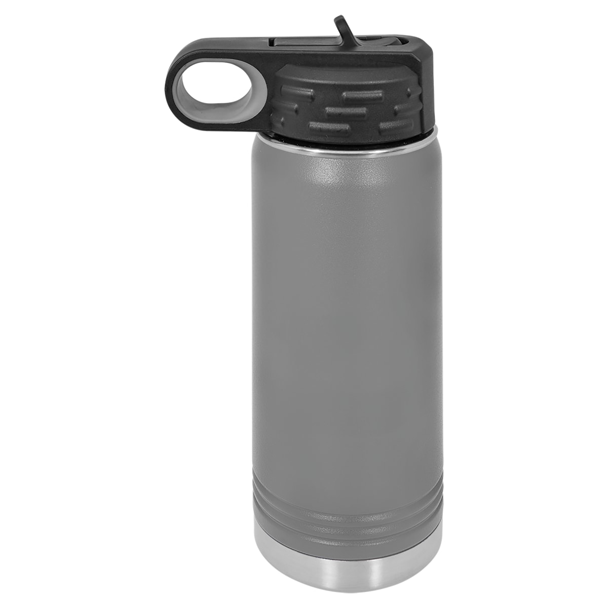 Insulated water bottle in dark gray with a black flip-top straw lid