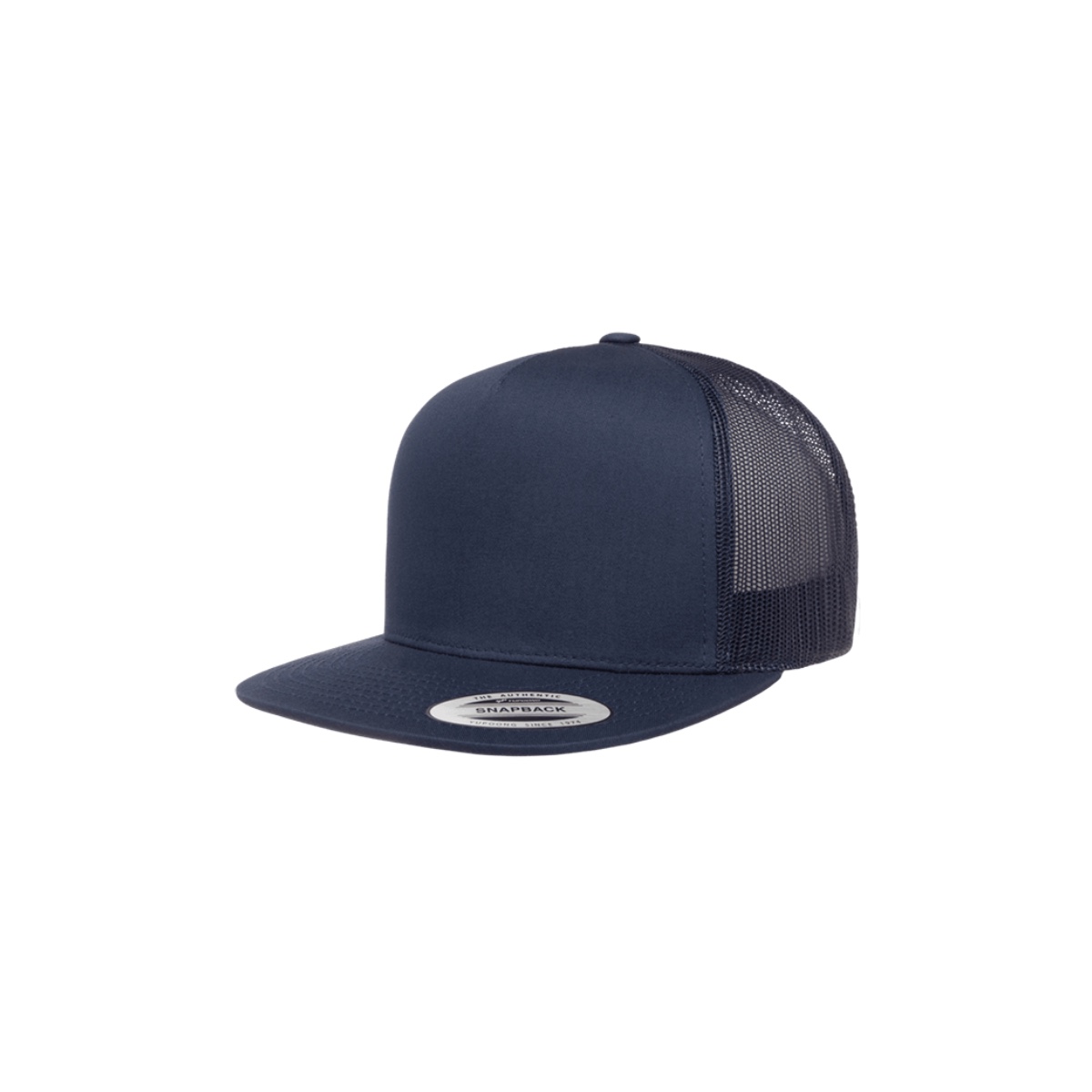 YP Classics 6006 trucker cap in navy with a flat bill and a navy mesh back