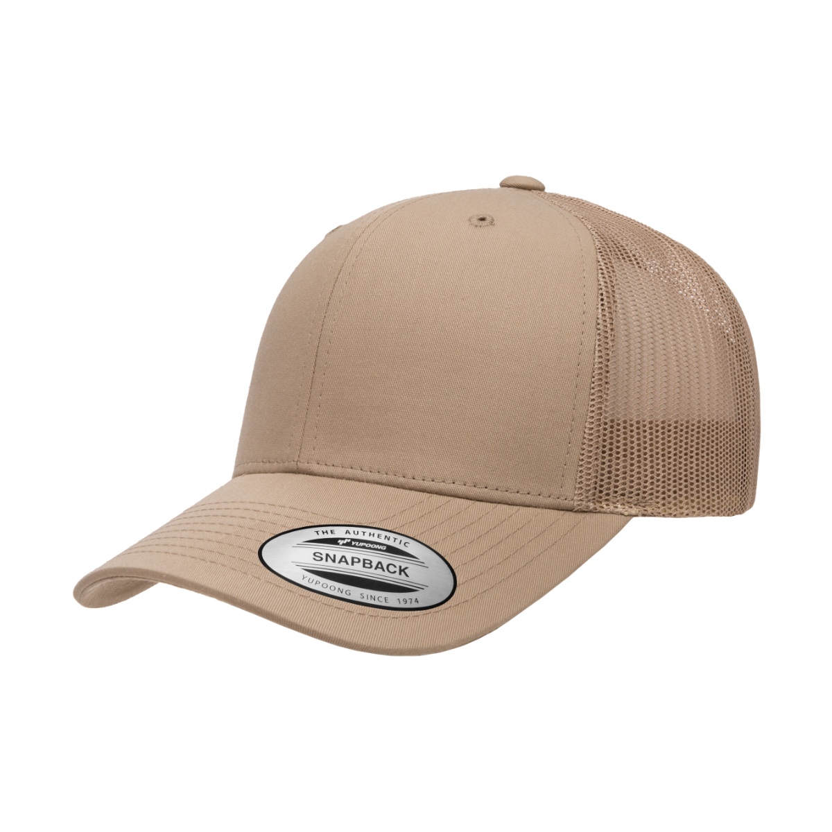 YP Classics 6606 retro trucker cap in khaki with a precurved bill and a khaki mesh back